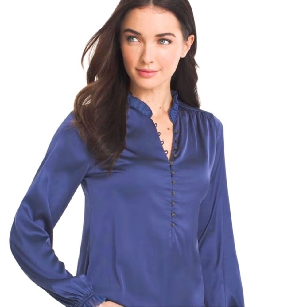 White House Black Market Women’s Blue Satin Ruffle Trim office Blouse Size 12